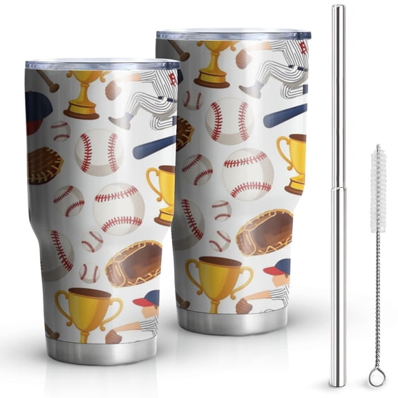 30oz Baseball Elements and Trophies Pattern Tumblers Stainless Steel Tumbler with Lid and Straw,Vacuum Insulated Double Wall Travel Tumbler Cups Mug with Cleaning Brush for Coffee,Tea