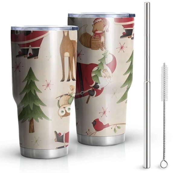 30oz Beige Christmas Santa and Animal Pattern Tumblers Stainless Steel Tumbler with Lid and Straw,Vacuum Insulated Double Wall Travel Tumbler Cups Mug with Cleaning Brush for Coffee,Tea