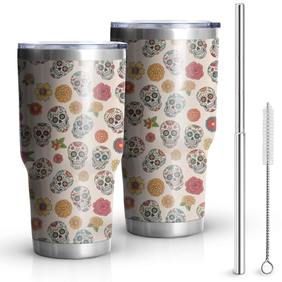 30oz Beige Floral Skull Pattern Tumblers Stainless Steel Tumbler with Lid and Straw,Vacuum Insulated Double Wall Travel Tumbler Cups Mug with Cleaning Brush for Coffee,Tea