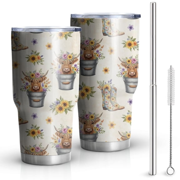 30oz Beige Highland Cow Bucket Boot Flower Pattern Tumblers Stainless Steel Tumbler with Lid and Straw,Vacuum Insulated Double Wall Travel Tumbler Cups Mug with Cleaning Brush for Coffee,Tea