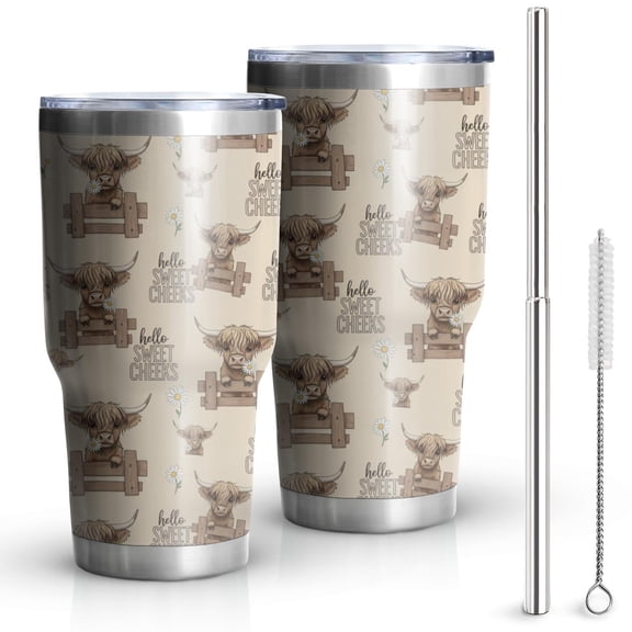 30oz Beige Highland Cow Fence Pattern Tumblers Stainless Steel Tumbler with Lid and Straw,Vacuum Insulated Double Wall Travel Tumbler Cups Mug with Cleaning Brush for Coffee,Tea