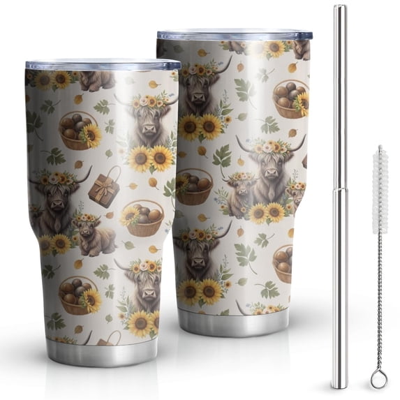 30oz Beige Highland Cow Sunflower Basket Pattern Tumblers Stainless Steel Tumbler with Lid and Straw,Vacuum Insulated Double Wall Travel Tumbler Cups Mug with Cleaning Brush for Coffee,Tea