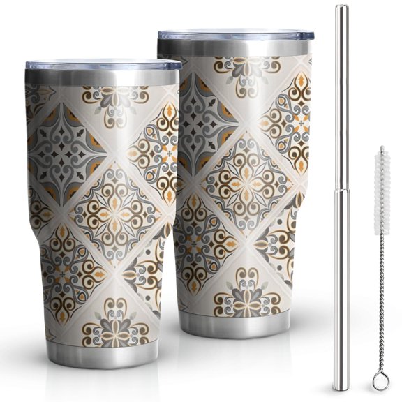 30oz Beige Traditional Geometric Pattern Tumblers Stainless Steel Tumbler with Lid and Straw,Vacuum Insulated Double Wall Travel Tumbler Cups Mug with Cleaning Brush for Coffee,Tea
