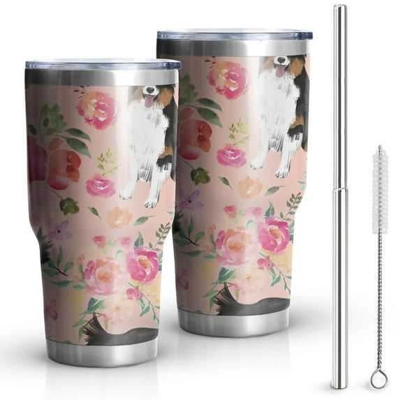 30oz Bernese Mountain Dogs with Flowers Tumblers Stainless Steel Tumbler with Lid and Straw,Vacuum Insulated Double Wall Travel Tumbler Cups Mug with Cleaning Brush for Coffee,Tea