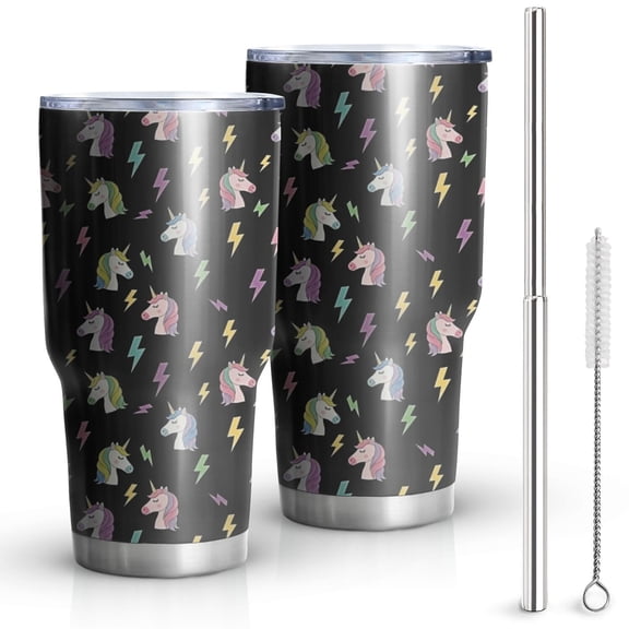 30oz Black Cartoon Unicorn Lightning Pattern Tumblers Stainless Steel Tumbler with Lid and Straw,Vacuum Insulated Double Wall Travel Tumbler Cups Mug with Cleaning Brush for Coffee,Tea