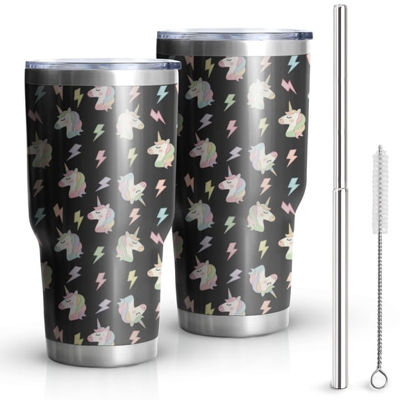 30oz Black Cartoon Unicorn Lightning Pattern Tumblers Stainless Steel Tumbler with Lid and Straw,Vacuum Insulated Double Wall Travel Tumbler Cups Mug with Cleaning Brush for Coffee,Tea