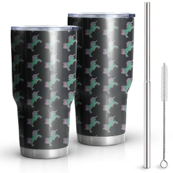 30oz Black Cartoon Unicorn Pattern Tumblers Stainless Steel Tumbler with Lid and Straw,Vacuum Insulated Double Wall Travel Tumbler Cups Mug with Cleaning Brush for Coffee,Tea