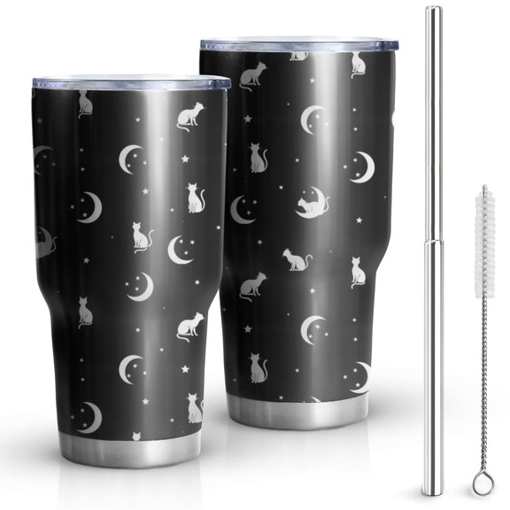 30oz Black Cat Moon Star Pattern Tumblers Stainless Steel Tumbler with Lid and Straw,Vacuum Insulated Double Wall Travel Tumbler Cups Mug with Cleaning Brush for Coffee,Tea