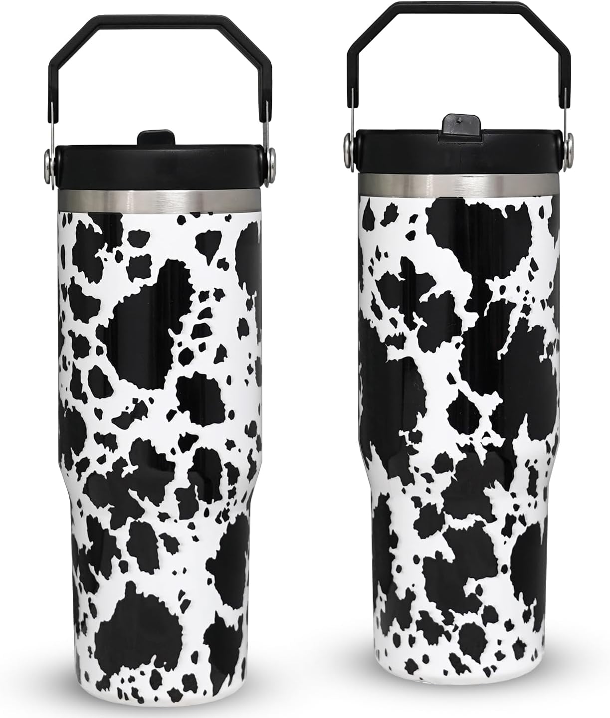 30 oz Insulated Black Tumbler with Argentina Cow Leather Cowhide with teal spots Inlay Sleeve.