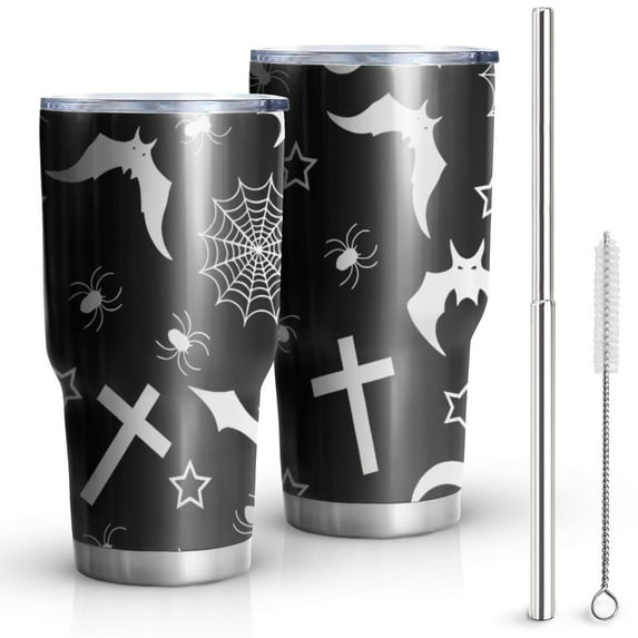 30oz Black Halloween Bat Spider Pattern Tumblers Stainless Steel Tumbler with Lid and Straw,Vacuum Insulated Double Wall Travel Tumbler Cups Mug with Cleaning Brush for Coffee,Tea