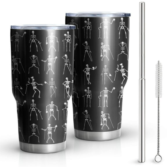 30oz Black Halloween Dancing Skeleton Pattern Tumblers Stainless Steel Tumbler with Lid and Straw,Vacuum Insulated Double Wall Travel Tumbler Cups Mug with Cleaning Brush for Coffee,Tea