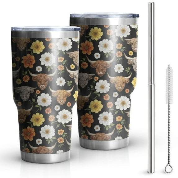 30oz Black Highland Cow Flower Pattern Tumblers Stainless Steel Tumbler with Lid and Straw,Vacuum Insulated Double Wall Travel Tumbler Cups Mug with Cleaning Brush for Coffee,Tea