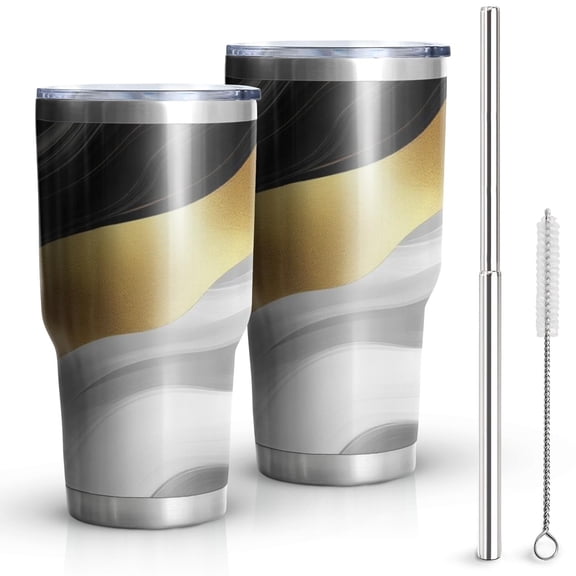 30oz Black Marble Gold Line Pattern Tumblers Stainless Steel Tumbler with Lid and Straw,Vacuum Insulated Double Wall Travel Tumbler Cups Mug with Cleaning Brush for Coffee,Tea