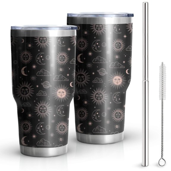 30oz Black Sun Moon Cloud Planet Pattern Tumblers Stainless Steel Tumbler with Lid and Straw,Vacuum Insulated Double Wall Travel Tumbler Cups Mug with Cleaning Brush for Coffee,Tea
