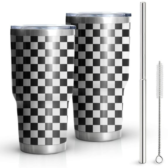 30oz Black White Checkered Pattern Tumblers Stainless Steel Tumbler with Lid and Straw,Vacuum Insulated Double Wall Travel Tumbler Cups Mug with Cleaning Brush for Coffee,Tea