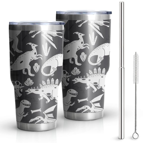 30oz Black and White Dinosaur Pattern Tumblers Stainless Steel Tumbler with Lid and Straw,Vacuum Insulated Double Wall Travel Tumbler Cups Mug with Cleaning Brush for Coffee,Tea