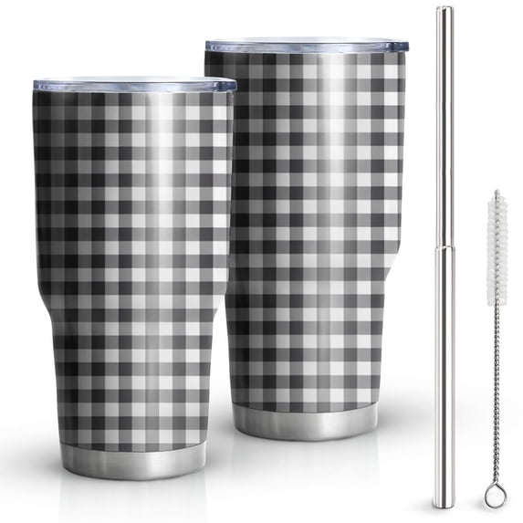 30oz Black White Gingham Checkered Pattern Tumblers Stainless Steel Tumbler with Lid and Straw,Vacuum Insulated Double Wall Travel Tumbler Cups Mug with Cleaning Brush for Coffee,Tea
