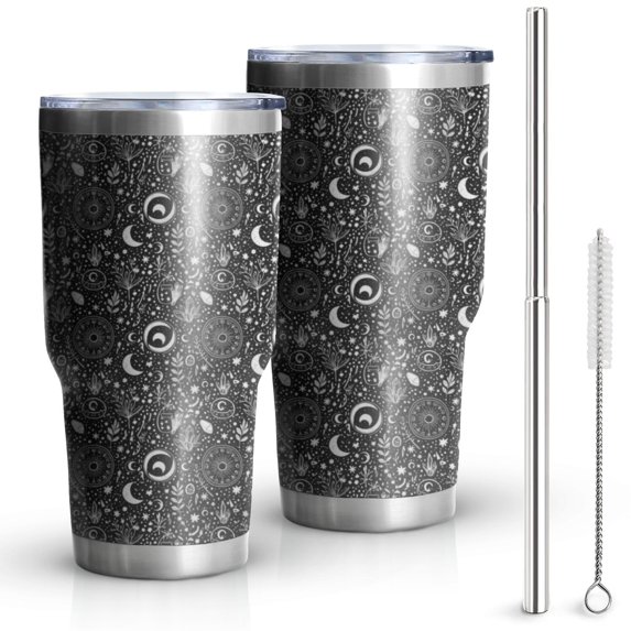 30oz Black White Moon Plant Pattern Tumblers Stainless Steel Tumbler with Lid and Straw,Vacuum Insulated Double Wall Travel Tumbler Cups Mug with Cleaning Brush for Coffee,Tea