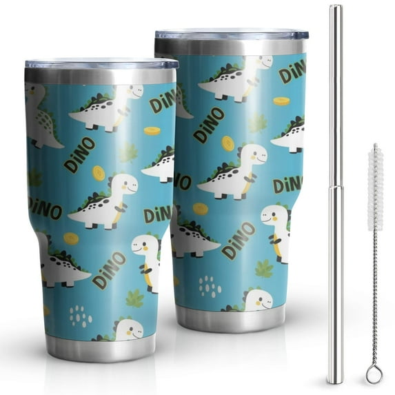 30oz Blue Dinosaurs with Coins Dynamic Tumblers Stainless Steel Tumbler with Lid and Straw,Vacuum Insulated Double Wall Travel Tumbler Cups Mug with Cleaning Brush for Coffee,Tea