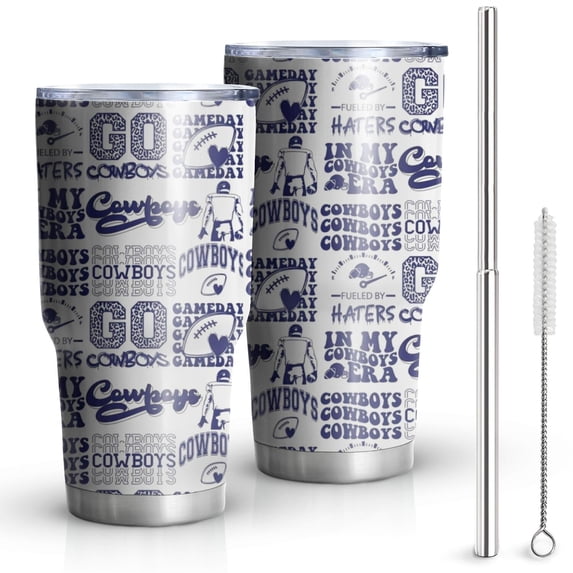 30oz Blue Football Words Pattern Tumblers Stainless Steel Tumbler with Lid and Straw,Vacuum Insulated Double Wall Travel Tumbler Cups Mug with Cleaning Brush for Coffee,Tea