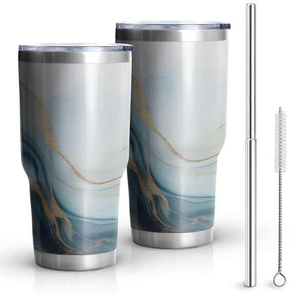 30oz Blue Gold Marble Pattern Tumblers Stainless Steel Tumbler with Lid and Straw,Vacuum Insulated Double Wall Travel Tumbler Cups Mug with Cleaning Brush for Coffee,Tea