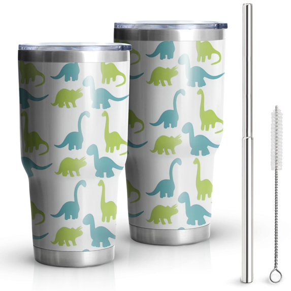30oz Blue Green Cartoon Dinosaurs Silhouettes Pattern Tumblers Stainless Steel Tumbler with Lid and Straw,Vacuum Insulated Double Wall Travel Tumbler Cups Mug with Cleaning Brush for Coffee,Tea