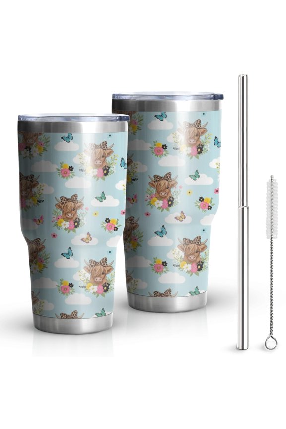 30oz Blue Highland Cow Flower Butterfly Pattern Tumblers Stainless Steel Tumbler with Lid and Straw,Vacuum Insulated Double Wall Travel Tumbler Cups Mug with Cleaning Brush for Coffee,Tea