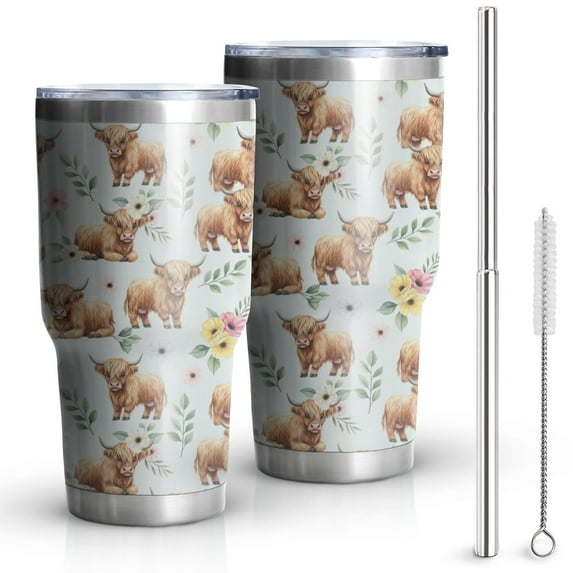 30oz Blue Highland Cow Flower Leaf Pattern Tumblers Stainless Steel Tumbler with Lid and Straw,Vacuum Insulated Double Wall Travel Tumbler Cups Mug with Cleaning Brush for Coffee,Tea