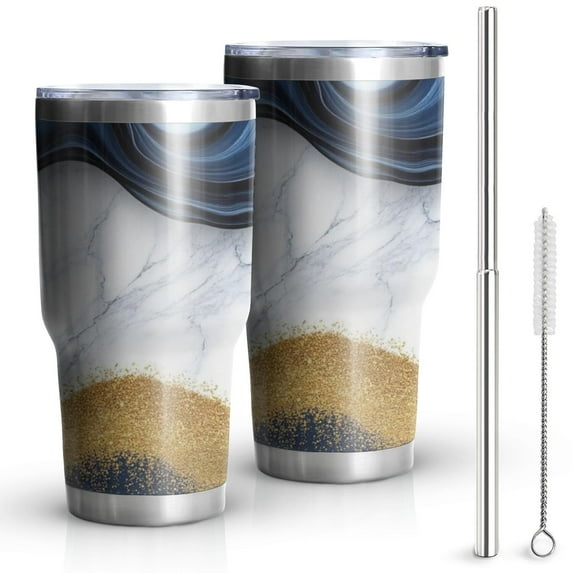 30oz Blue Marble Gold Wave Pattern Tumblers Stainless Steel Tumbler with Lid and Straw,Vacuum Insulated Double Wall Travel Tumbler Cups Mug with Cleaning Brush for Coffee,Tea