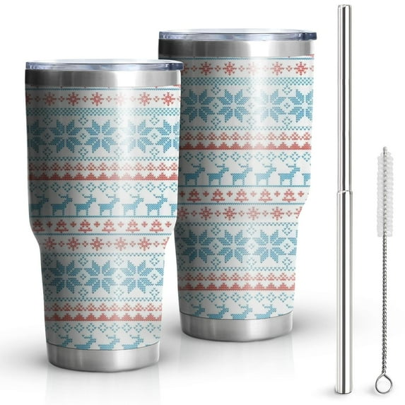 30oz Blue and Red Christmas Pattern Tumblers Stainless Steel Tumbler with Lid and Straw,Vacuum Insulated Double Wall Travel Tumbler Cups Mug with Cleaning Brush for Coffee,Tea