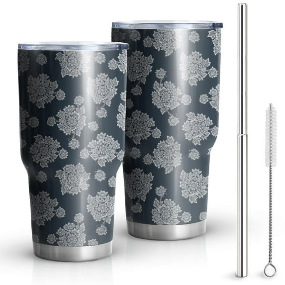 30oz Blue White Floral Pattern Tumblers Stainless Steel Tumbler with Lid and Straw,Vacuum Insulated Double Wall Travel Tumbler Cups Mug with Cleaning Brush for Coffee,Tea