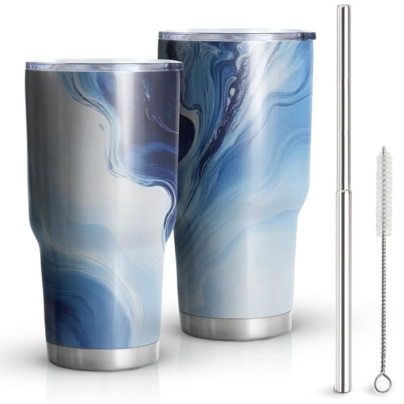 30oz Blue White Marble Pattern Tumblers Stainless Steel Tumbler with Lid and Straw,Vacuum Insulated Double Wall Travel Tumbler Cups Mug with Cleaning Brush for Coffee,Tea