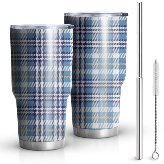 30oz Blue White and Yellow Checkered Pattern Tumblers Stainless Steel Tumbler with Lid and Straw,Vacuum Insulated Double Wall Travel Tumbler Cups Mug with Cleaning Brush for Coffee,Tea