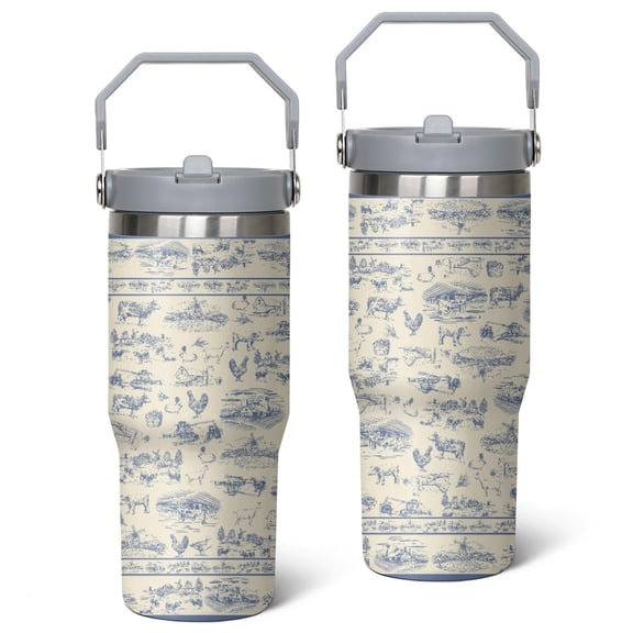 30oz Boho Style Stainless Steel Tumbler with Top Handle,Farmhouse Vintage Travel Coffee Mug Flip Straw Cup,Gifts for Women Girls Men Adults(grey)