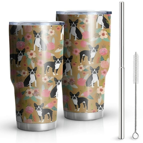 30oz Boston Terrier and Flower Tumblers Stainless Steel Tumbler with Lid and Straw,Vacuum Insulated Double Wall Travel Tumbler Cups Mug with Cleaning Brush for Coffee,Tea