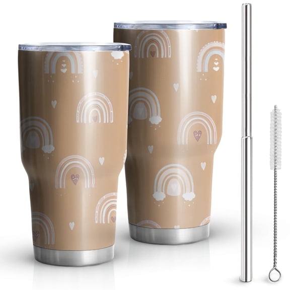 30oz Brown Boho Bohemia Rainbow Hearts Pattern Tumblers Stainless Steel Tumbler with Lid and Straw,Vacuum Insulated Double Wall Travel Tumbler Cups Mug with Cleaning Brush for Coffee,Tea
