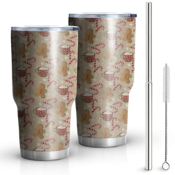 30oz Brown Christmas Gingerbread and Drink Pattern Tumblers Stainless Steel Tumbler with Lid and Straw,Vacuum Insulated Double Wall Travel Tumbler Cups Mug with Cleaning Brush for Coffee,Tea