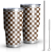 30oz Brown and White Checkerboard Pattern Tumblers Stainless Steel Tumbler with Lid and Straw,Vacuum Insulated Double Wall Travel Tumbler Cups Mug with Cleaning Brush for Coffee,Tea