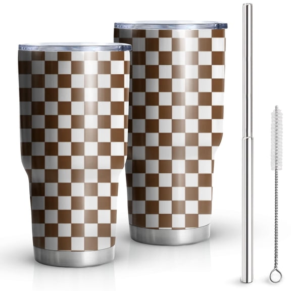 30oz Brown and White Checkerboard Pattern Tumblers Stainless Steel Tumbler with Lid and Straw,Vacuum Insulated Double Wall Travel Tumbler Cups Mug with Cleaning Brush for Coffee,Tea
