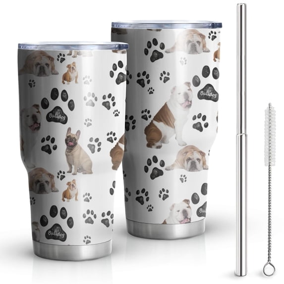 30oz Bulldog Dog and Footprints Tumblers Stainless Steel Tumbler with Lid and Straw,Vacuum Insulated Double Wall Travel Tumbler Cups Mug with Cleaning Brush for Coffee,Tea