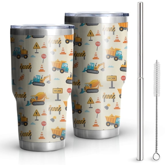 30oz Cartoon Construction Vehicles Barriers Beige Pattern Tumblers Stainless Steel Tumbler with Lid and Straw,Vacuum Insulated Double Wall Travel Tumbler Cups Mug with Cleaning Brush for Coffee,Tea