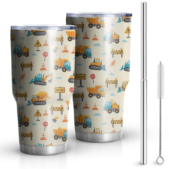 30oz Cartoon Construction Vehicles Barriers Beige Pattern Tumblers Stainless Steel Tumbler with Lid and Straw,Vacuum Insulated Double Wall Travel Tumbler Cups Mug with Cleaning Brush for Coffee,Tea