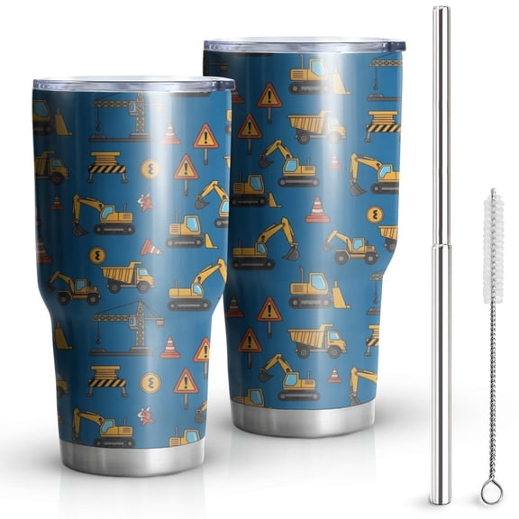 30oz Cartoon Construction Vehicles Cones Blue Pattern Tumblers Stainless Steel Tumbler with Lid and Straw,Vacuum Insulated Double Wall Travel Tumbler Cups Mug with Cleaning Brush for Coffee,Tea