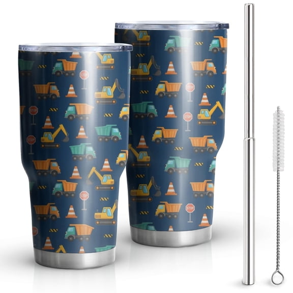 30oz Cartoon Construction Vehicles Cones Tumblers Stainless Steel Tumbler with Lid and Straw,Vacuum Insulated Double Wall Travel Tumbler Cups Mug with Cleaning Brush for Coffee,Tea