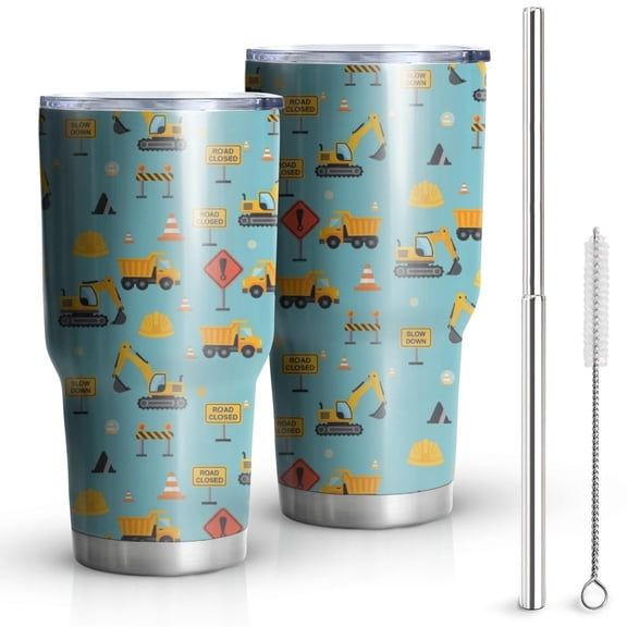 30oz Cartoon Construction Vehicles Road Signs Tumblers Stainless Steel Tumbler with Lid and Straw,Vacuum Insulated Double Wall Travel Tumbler Cups Mug with Cleaning Brush for Coffee,Tea