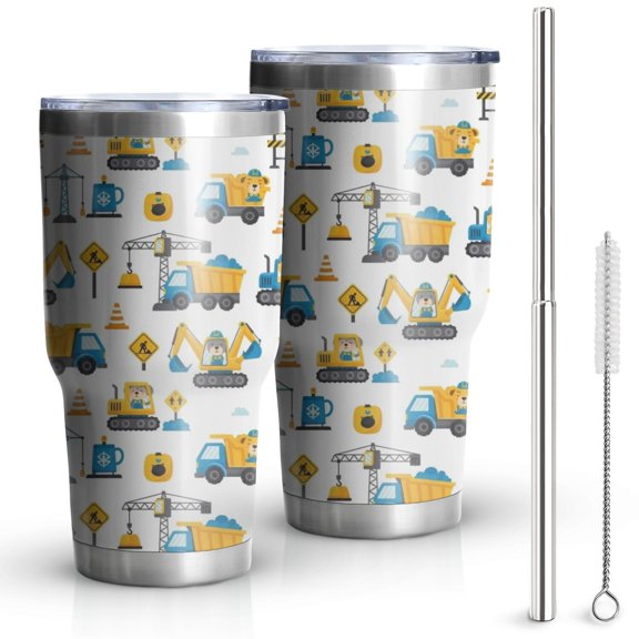 30oz Cartoon Construction Vehicles Safety Signs Tumblers Stainless Steel Tumbler with Lid and Straw,Vacuum Insulated Double Wall Travel Tumbler Cups Mug with Cleaning Brush for Coffee,Tea