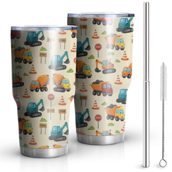 30oz Cartoon Construction Vehicles Signs Beige Pattern Tumblers Stainless Steel Tumbler with Lid and Straw,Vacuum Insulated Double Wall Travel Tumbler Cups Mug with Cleaning Brush for Coffee,Tea
