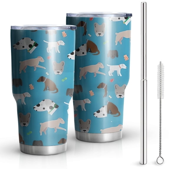 30oz Cartoon Dogs Blue Background Tumblers Stainless Steel Tumbler with Lid and Straw,Vacuum Insulated Double Wall Travel Tumbler Cups Mug with Cleaning Brush for Coffee,Tea