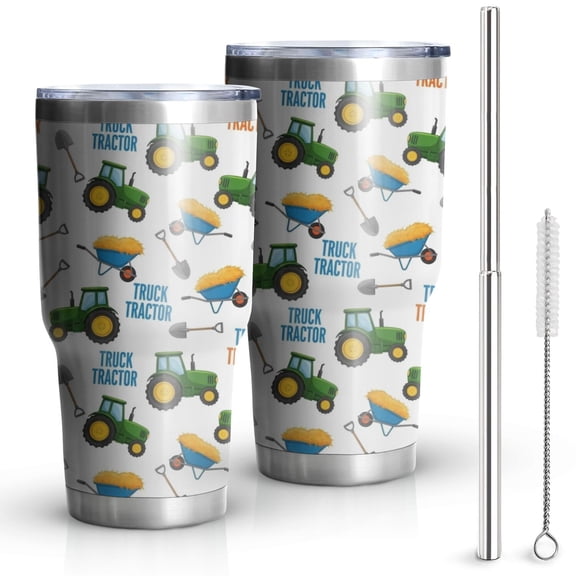 30oz Cartoon Tractors Wheelbarrows White Pattern Tumblers Stainless Steel Tumbler with Lid and Straw,Vacuum Insulated Double Wall Travel Tumbler Cups Mug with Cleaning Brush for Coffee,Tea