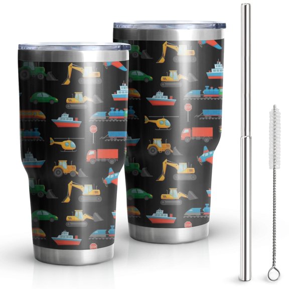 30oz Cartoon Traffic Vehicles Planes Black Pattern Tumblers Stainless Steel Tumbler with Lid and Straw,Vacuum Insulated Double Wall Travel Tumbler Cups Mug with Cleaning Brush for Coffee,Tea
